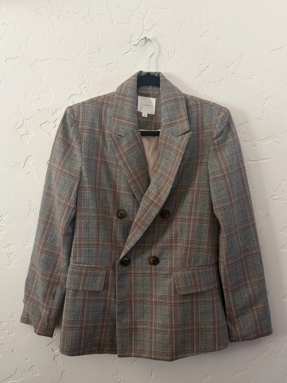 Double-Breasted Plaid Blazer - Gray and Brown